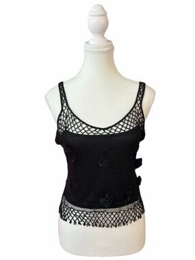 Vintage Valenti - Floral Appliqué Beaded Mesh Trim Camisole Lace Detail Y2K Top